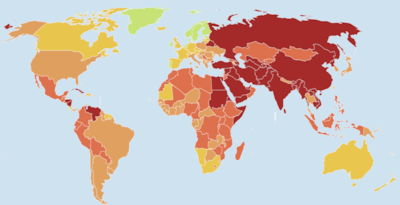 Et verdenskart som viser lands rangering på indeksen etter farge. Kilde: rsf.org