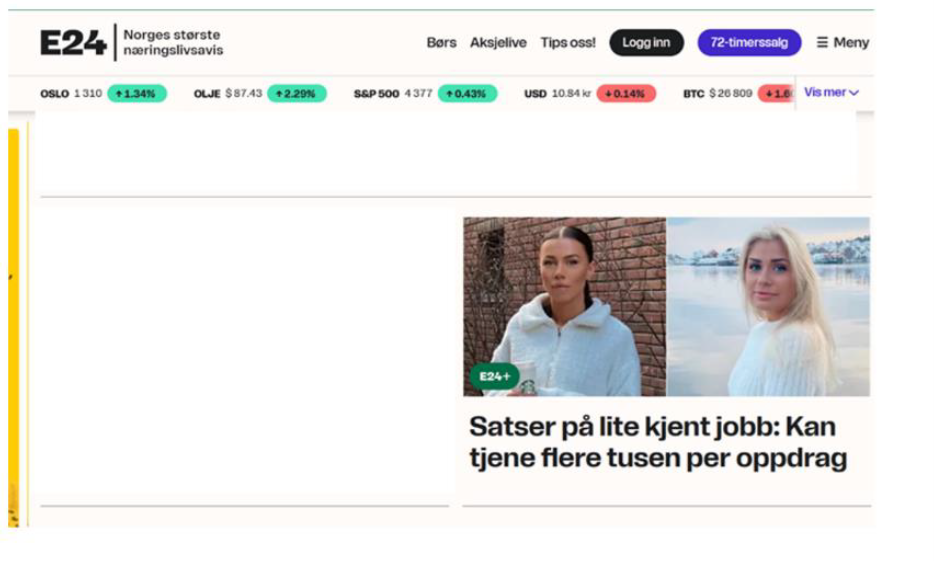 Skjermdump fra E24: Artikkel som ligger bak betalingsmur