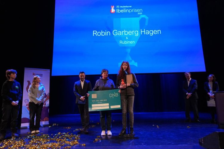 Sju mennesker på en scene foran en blå sttorskjerm med Ibelinprisen med store bokstaver og logoen som er en rød rev.