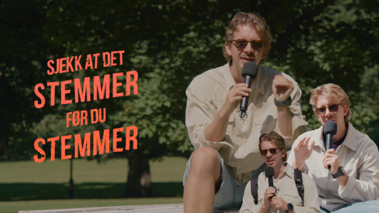 Henrik Schatvet sitter ute i en park iført solbriller og beige skjorte, og holder en mikrofon mens han snakker. Bildet viser tre ulike versjoner av ham i samme ramme. Til venstre står teksten i rødt: «Sjekk at det stemmer før du stemmer».