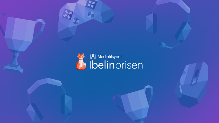 Grafisk illustrasjon i blå- og lillatoner av Ibelinprisen. I midten står logoen til Medietilsynet og teksten «Ibelinprisen», sammen med en stilisert rødrev-figur. Rundt logoen er det illustrasjoner av troféer, spillkontroller, headset og datamus, som symboliserer gaming og heder.