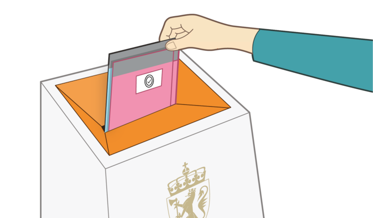 Illustrasjon: En hånd er i ferd med å legge en stemmeseddel i en valgurne