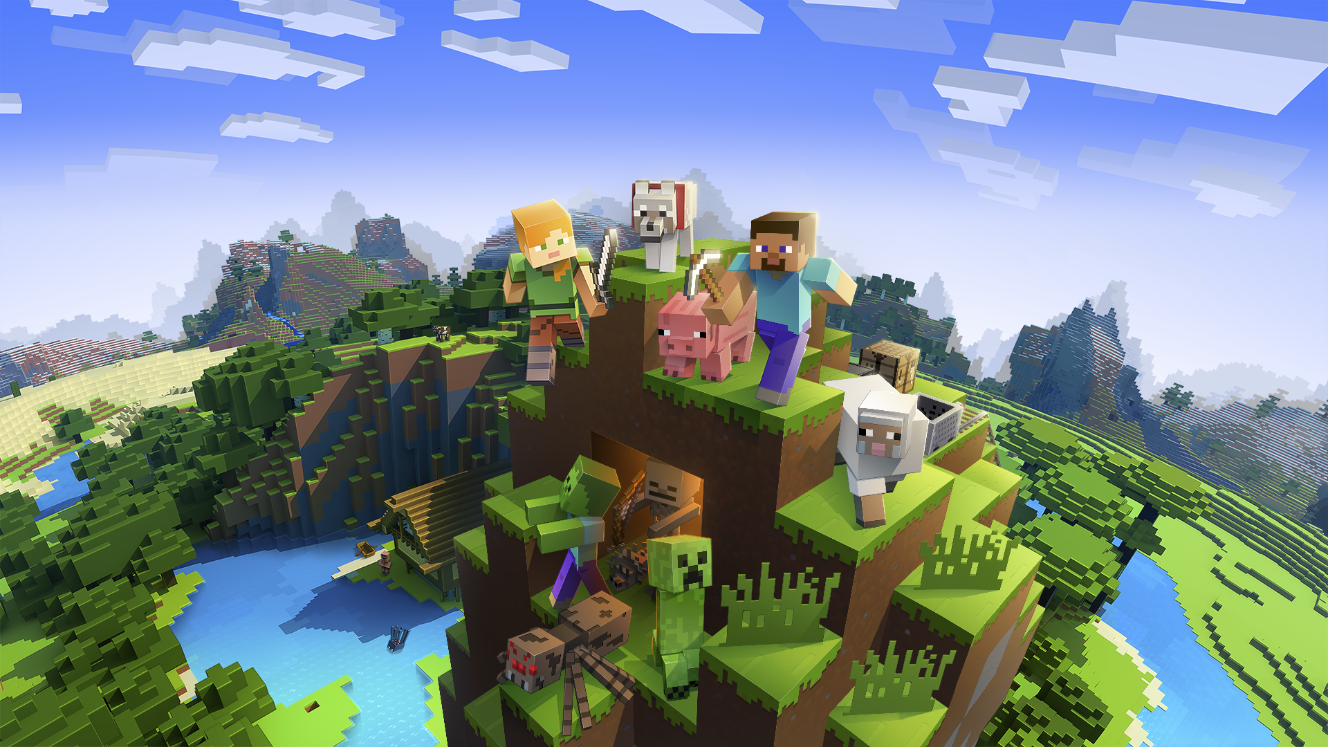 Illustrasjonsbilde av spillet Minecraft, hvor man kan se noen spillere, monstre, og dyr man møter i spillet