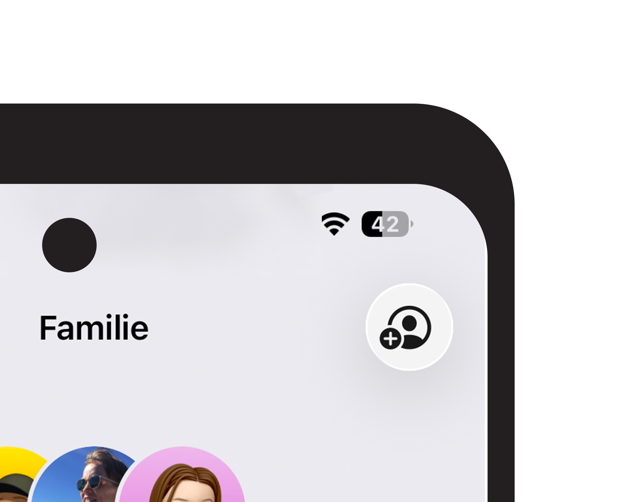 Mobilskjerm fra familieinnstillingene p&aring; iPhone, med overskriften &laquo;Familie&raquo; og knapp for &aring; legge til et nytt familiemedlem.