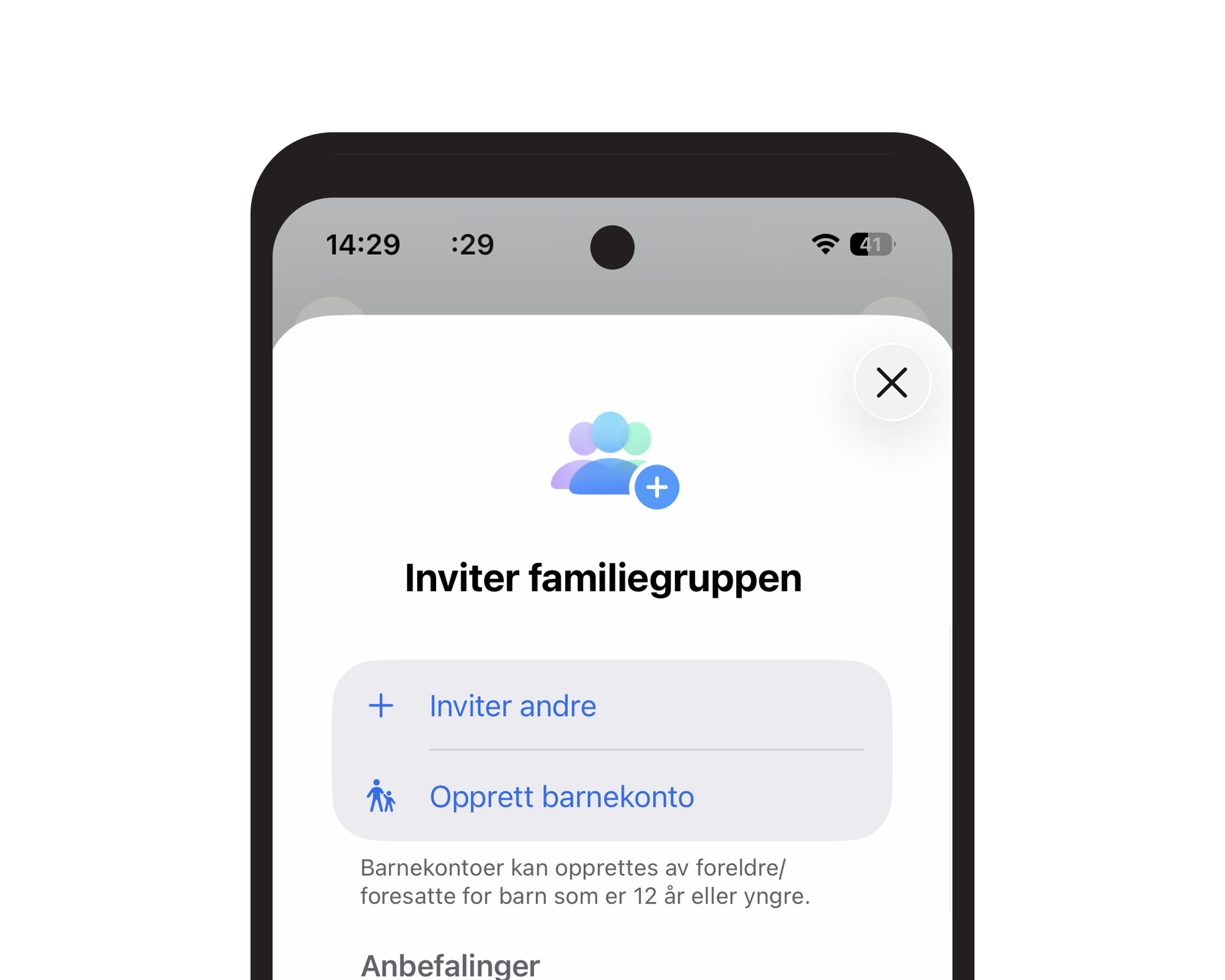 Skjermbilde av menyen «Inviter familiegruppen» på en mobiltelefon, med valgene «Inviter andre» og «Opprett barnekonto». Det står at barnekonto kan opprettes for barn som er 12 år eller yngre.