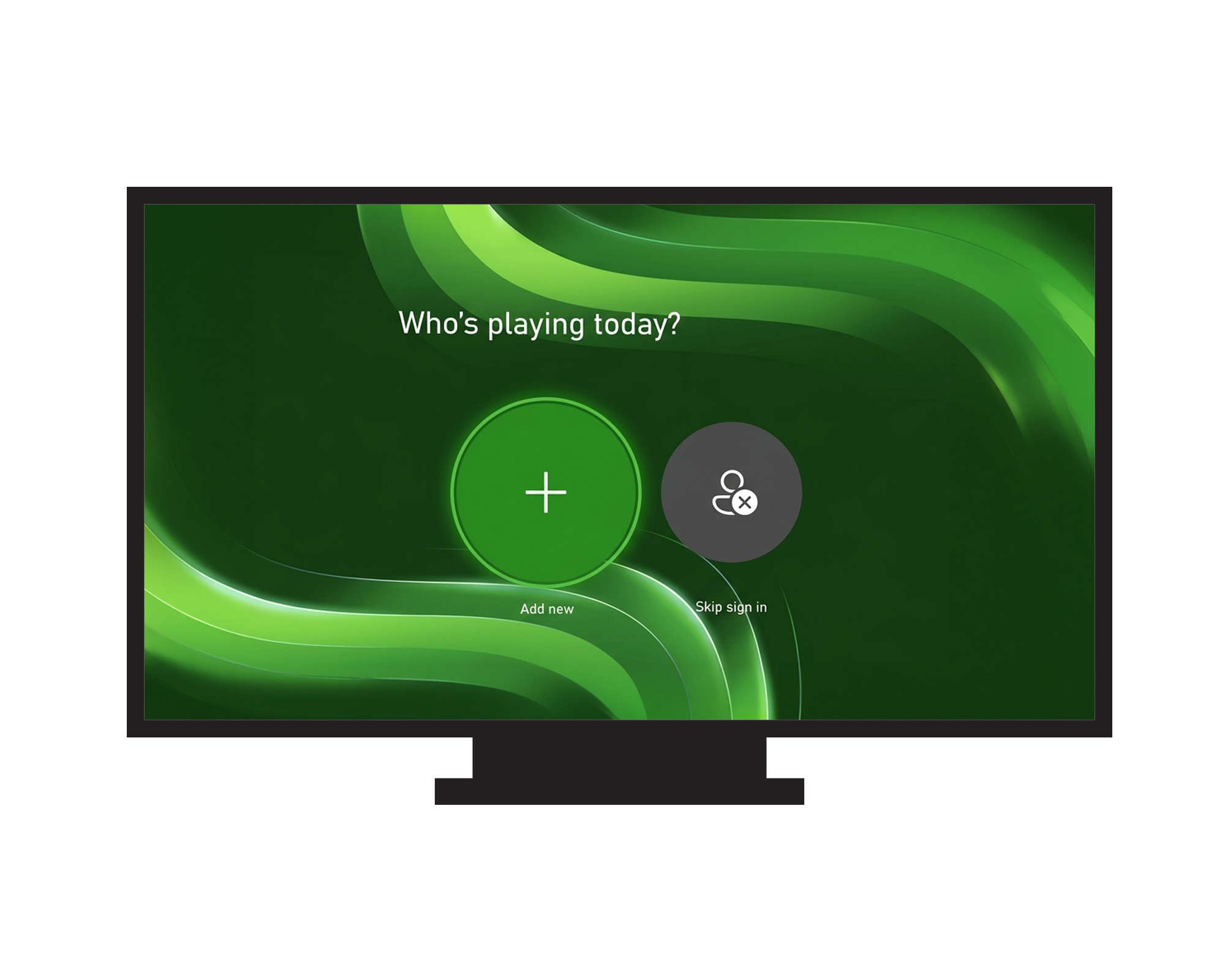 TV-skjerm fra Xbox med spørsmålet «Who’s playing today?» og valg for å legge til en ny bruker eller fortsette uten å logge inn.